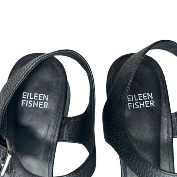 Eileen Fisher - Block Heeled Sandals, Strappy, Pebbled Leather - Size 8, Black - Picture 13 of 14